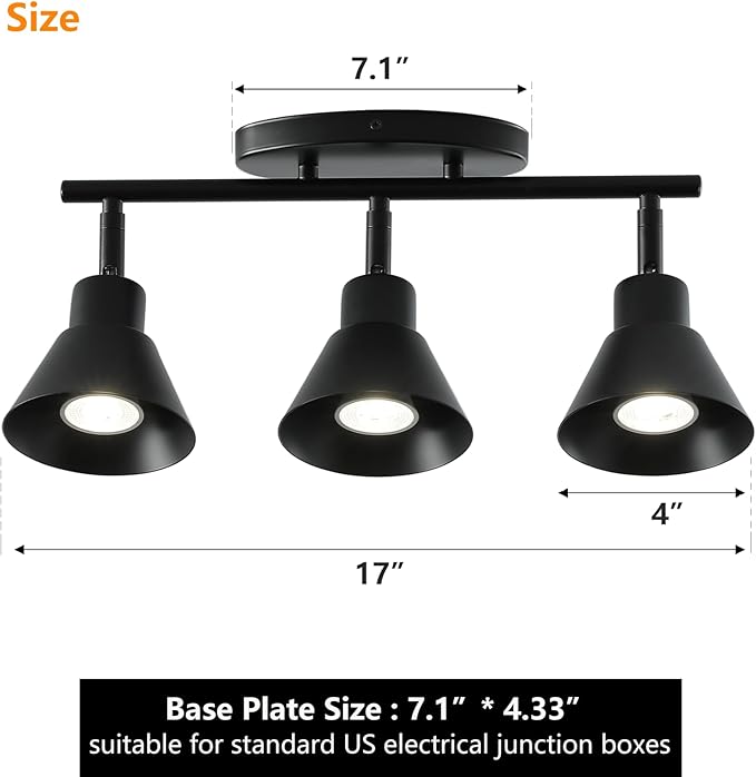 Modern 3-Light Track Lighting Fixture, Black Metal Ceiling Spotlight with Flexible Rotatable Heads, GU10 Base Directional Track Light for Kitchen, Hallway, Living Room & Gallery