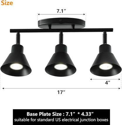 Modern 3-Light Track Lighting Fixture, Black Metal Ceiling Spotlight with Flexible Rotatable Heads, GU10 Base Directional Track Light for Kitchen, Hallway, Living Room & Gallery