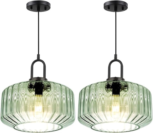 2-Lights Modern Hanging Light Green Pendant Light Fixtures Mid Century Large Glass Pendant Lights 11" Striped Glass Shade Black Schoolhouse Kitchen Sink Ceiling Hanging Lamp Fixture