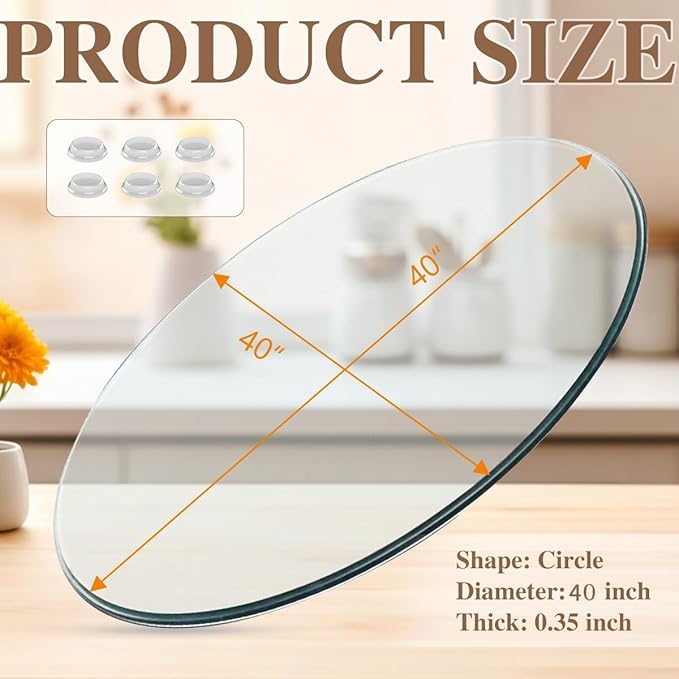 40" Clear Round Glass Table Top, Thick Tempered Glass with Smooth Polished Edge – Ideal for Kitchen, Living Room, Office or Patio Table Replacement