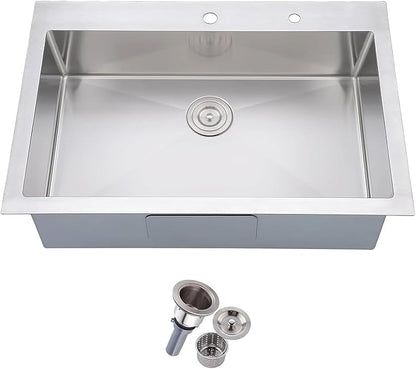 Friho 28 Inch Drop in Kitchen Sink, 28x18 Topmount Commercial Handmade 16 Gauge Single Bowl Stainless Steel Sink with Basket Strainer