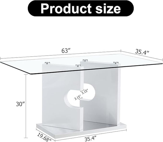 63” Glass Dining Table for 4–6 People, Modern Kitchen Table with Tempered Glass Top, Dining Room Table with White MDF Legs for Kitchen Dining Room