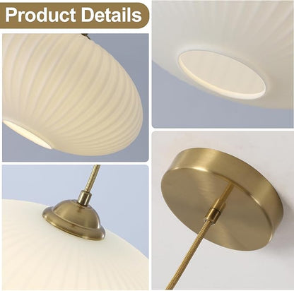 White Milk Glass Pendant Lights Kitchen Island Mid Century Modern Globe Pendant Lamp White and Gold Hanging Light Fixture Antique Brass Hanging Lights (2 Pack)