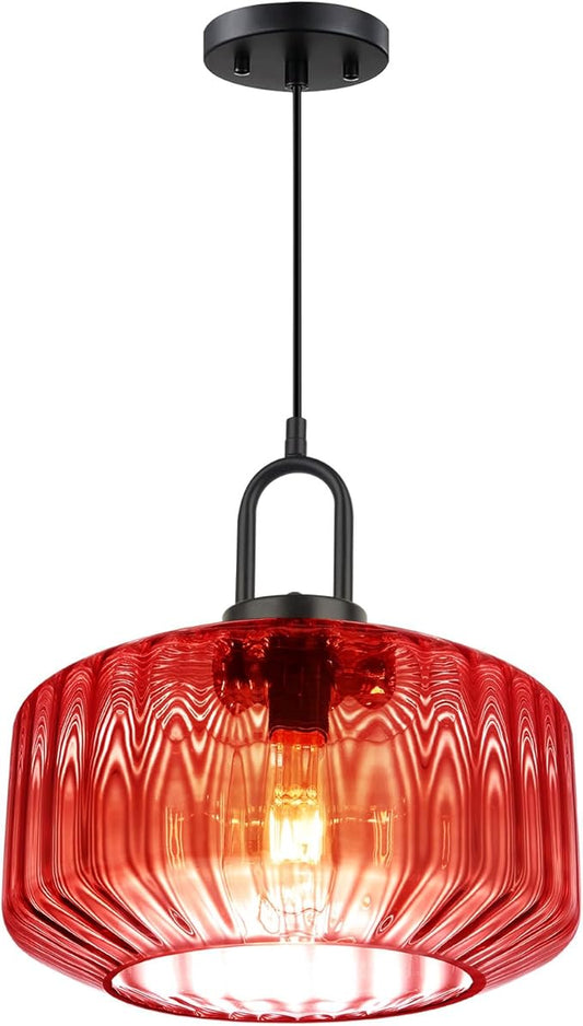 Kitchen Island Pendant Light Fixture Red Glass Hanging Lights with 11" Hand Blown Glass Shade Vintage Modern Ceiling Pendant Lighting Black Metal Finish Dining Room Adjustable Height