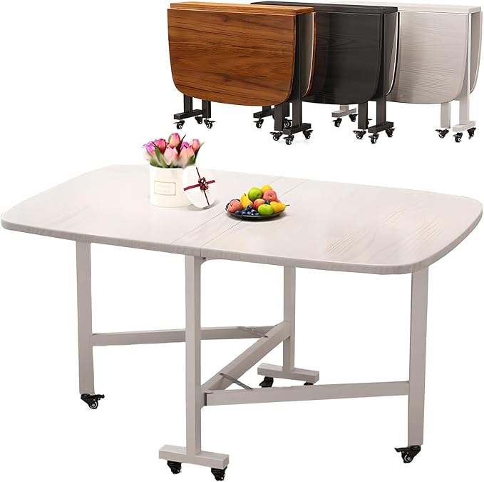 Multifunction Movable Folding Wood Kitchen Dining Table, 39in/47in Multifunction Expandable Folding Table for Small Spaces Kitchen, Bedroom, Living Room, Carbon Steel Pipe Bracket, Brown, White, black
