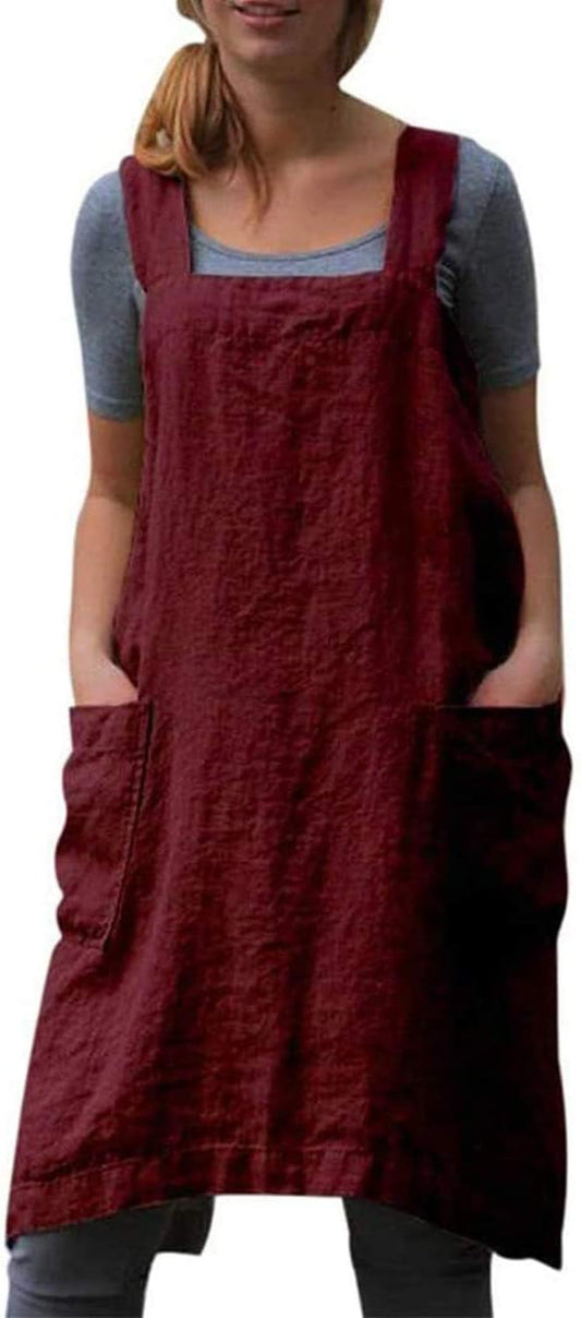 Cotton Linen Apron Cross Back Apron for Women with Pockets Pinafore Dress for Baking Cooking
