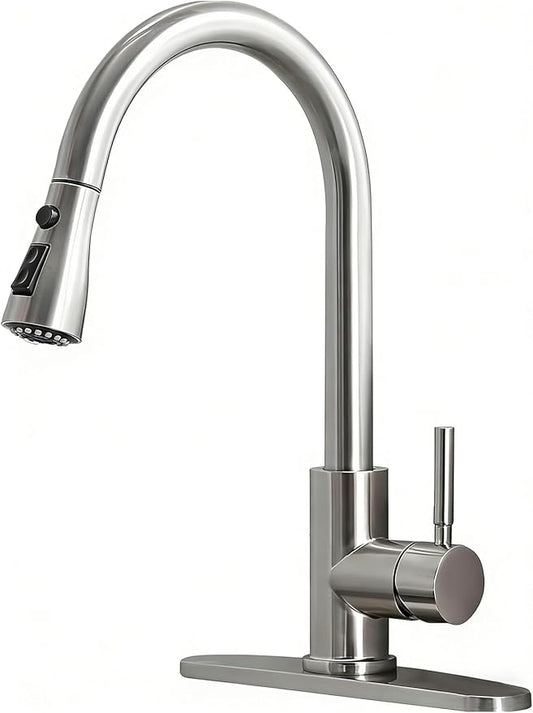 Kitchen Faucet with Pull Down Sprayer, Brushed Nickel Stainless Steel Kitchen Sink Faucet, Single Handle 1 or 3 Hole Pull Out Sink Faucet for Bar Laundry RV Farmhouse, RC-KYT010L-D