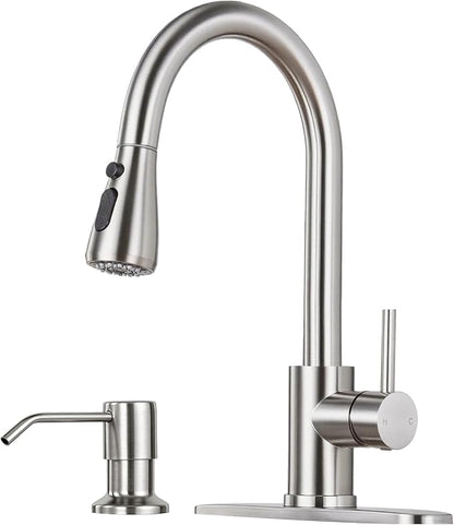 Pull Down Kitchen Faucet with Soap Dispenser - Brushed Nickel Single Handle Kitchen Faucets, High Arc Stainless Steel Pull Out Kitchen Sink Faucet with Deck for RV Laundry Farmhouse Bar