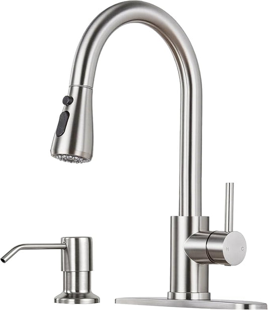 Pull Down Kitchen Faucet with Soap Dispenser - Brushed Nickel Single Handle Kitchen Faucets, High Arc Stainless Steel Pull Out Kitchen Sink Faucet with Deck for RV Laundry Farmhouse Bar