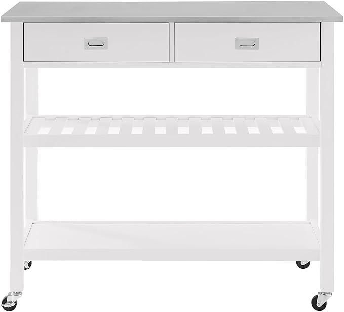 Crosley Furniture Chloe Stainless Steel Top Rolling Kitchen Island Storage Cart, Microwave Stand, Wine Rack, White