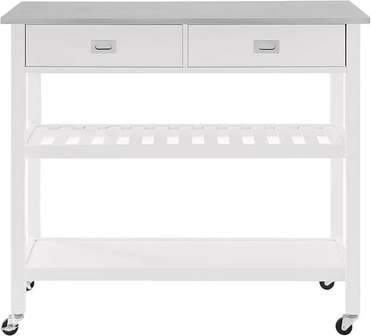 Crosley Furniture Chloe Stainless Steel Top Rolling Kitchen Island Storage Cart, Microwave Stand, Wine Rack, White