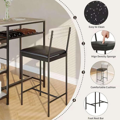 3-Piece Modern Dining Set, Dining Table Set with 2 Upholstered Bar Stools,Bar Table Set w/ Metal Frame&Built-in Wine Rack for Kitchen Dining Room Apartment Breakfast Nook 36"L x 16.7"W x 37.2"H Gray
