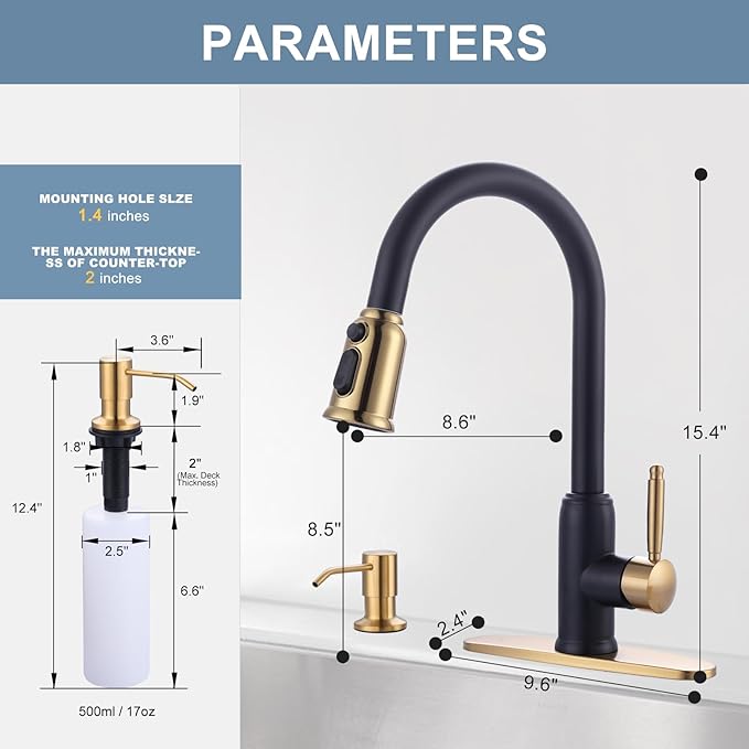 Black Gold Kitchen Faucet with Soap Dispenser, WOWOW Stainless Steel Kitchen Faucet for Sink 2 or 4 Hole, High Arc Vintage Kitchen Sink Faucet with Pull Down Sprayer