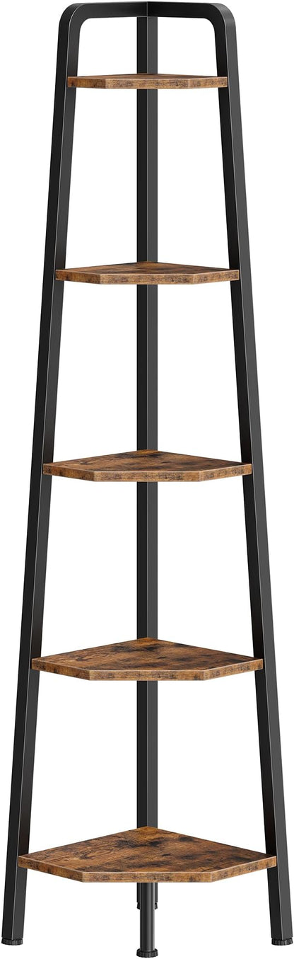 CHOEZON Corner Shelf, 5-Tier Ladder Corner Shelf, Ladder Bookshelf, 59.6" Tall Vertical Display Stand, Metal Frame Bookshelf, for Living Room, Bedroom, Kitchen, Rustic Brown and Black TCJ20BF