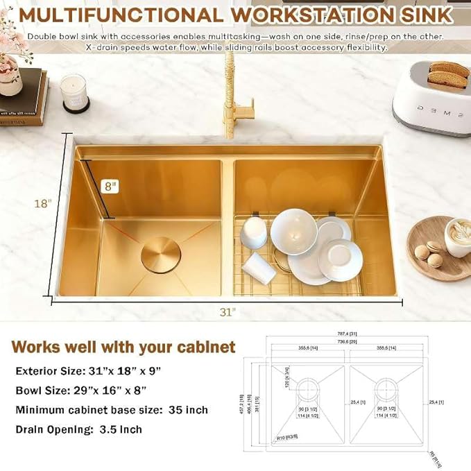 31 Inch Gold Sink Undermount Double Bowl, 16 Gauge 50/50 Double Bowl Stainless Steel Workstation Sink, 31"x18"x9" Large and Deep Kitchen Sink With Accessories
