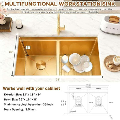 31 Inch Gold Sink Undermount Double Bowl, 16 Gauge 50/50 Double Bowl Stainless Steel Workstation Sink, 31"x18"x9" Large and Deep Kitchen Sink With Accessories