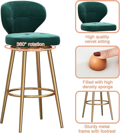 Counter Height stools Set of 2, 360° s with Back and Footrest, Thickened Upholstered Cushion, Tall Chairs for Kitchen Island, Dining Room, Home, Cafe,Green-Sitting Height 75cm