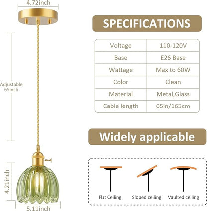Ralbay 3 Pack Pendant Lights with Green Tulip Glass Lampshade, Mini Pendant Light Fixture with Switch, Adjustable Vintage Brass Hanging Light for Kitchen Island Bedroom Dining Room Hallway