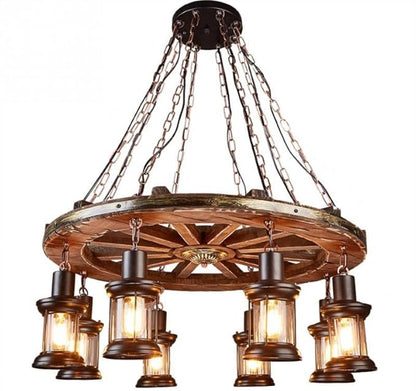 A Million Vintage Industrial Wood Chandelier with 8 Light Rudder Shape, Wood Grain Color, E26 Socket, Adjustable Hanging Chain Rustic Pendant Lighting