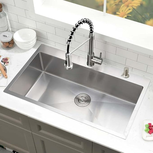 33 Inch Drop In Kitchen Sink with Faucet Combo- 33X19 Drop In Top Mount Kitchen Sink 18 Gauge Stainless Steel Deep Single Bowl Kitchen Sinks with Soap Dispenser