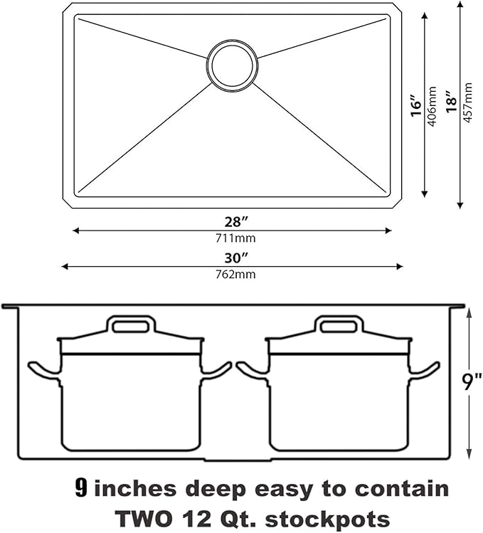 30 Inch Undermount Kitchen Sink, 30x18 Single Bowl Stainless Steel 16 Gauge Brushed Finish 9 Inch Deep Rectangular Handmade Basin Commercial Kitchen Sinks with Strainer