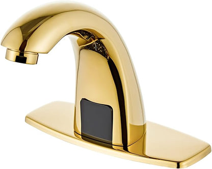 Polish Gold Touchless Bathroom Sink Faucet - Automatic Motion Sensor Battery Opertated with Temperature Mixing Valve for Commercial Lavatory