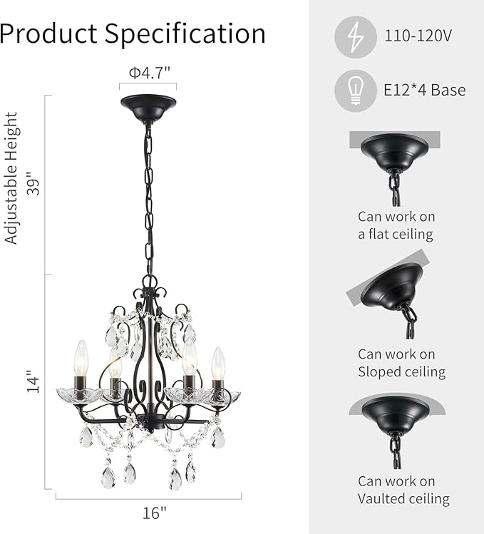WUZUPS Crystal Candle Chandelier Pendant Flushmount Ceiling Light Modern Lighting Fixture for Bedroom Hallway Bar Kitchen Bathroom, H 14" x W 16", Black, E12 Base