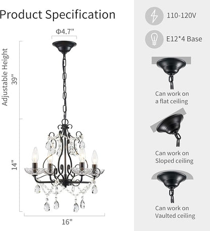 WUZUPS Crystal Candle Chandelier Pendant Flushmount Ceiling Light Modern Lighting Fixture for Bedroom Hallway Bar Kitchen Bathroom, H 14" x W 16", Black, E12 Base