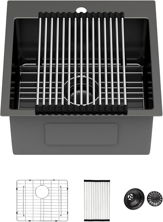 18 Inch Drop In RV Bar Sink - Beslend 18x18x9 Gunmetal Black Topmount Sink for RV Camper, Outdoor Kitchen Sink Black Stainless Steel Wet Bar with Roll-up Rack, Drain Assembly & Rinse Grid