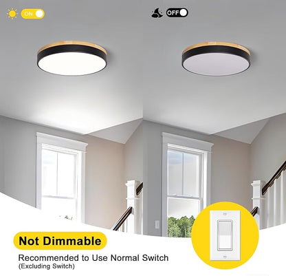 Modern Wood Black Flush Mount Ceiling Light, 15.74" Round LED Low Profile Close to Ceiling Fixture for Kitchen Bedroom Bathroom Laundry Hallway Entryway Closet Living Room