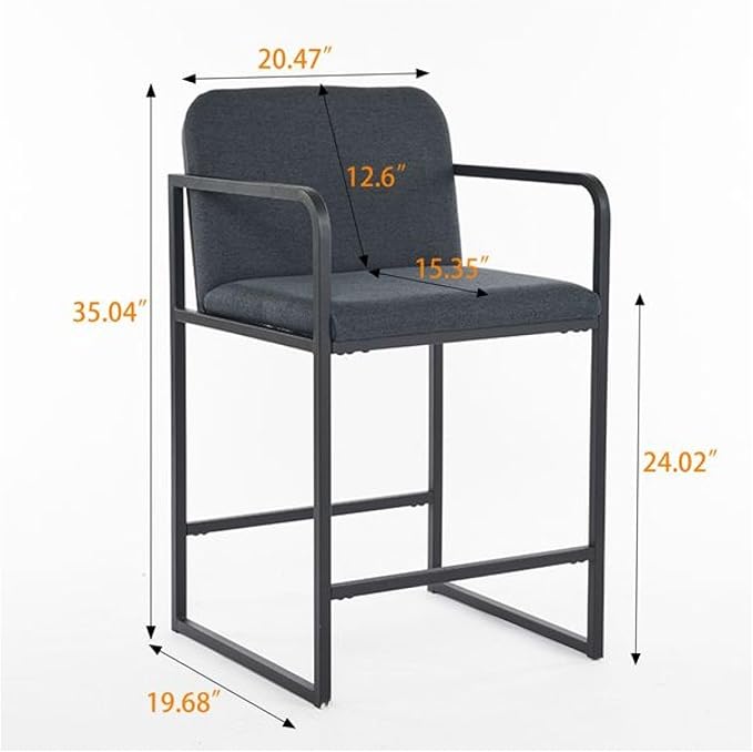 Bar Stools Counter Height Set of 2, Upholstered with Armrests - Dark Gray Kitchen Island Chairs, Metal Frame Dining Stools for Home Bar, Restaurant, Pub