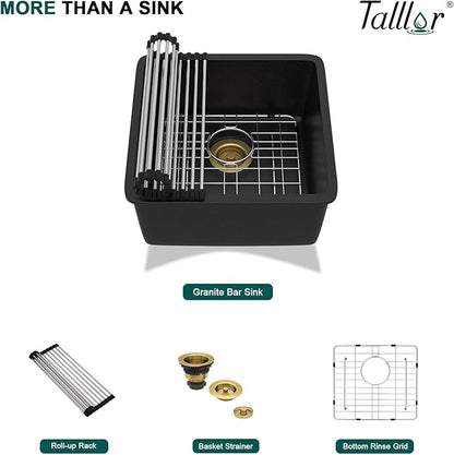 17x17 Black Undermount Bar Sink - Granite Composite Classic Quartz Single Bowl Wet Prep Sink Basin for RV, Kitchen Bar, Boat, and Outdoor #TLGU-132
