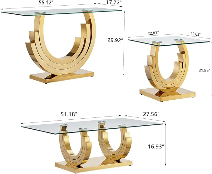 HomVent Glass Coffee Table Set of 3, 1 End Tables and 1 Console Table Living Room Set, 3 Piece Modern Gold Tempered Glass Top Side Tables Bedroom Set of 3 Rectangle Dinner Bedside Sets for Bedroom