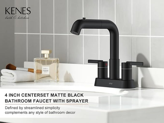 KENES Matte Black Centerset Bathroom Faucet with Pull Down Sprayer, 4 Inch 2 Handle Pull Out Bathroom Faucet 3 Hole, Bathroom Sink Faucet with Pop Up Drain & Supply Lines LJ-9059A-2