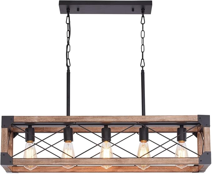 Farmhouse Kitchen Island Lighting, 5-Light Dining Room Light Fixture, Farmhouse Linear Chandelier with Solid Wood for Dining Room Kitchen Bar Pool Table