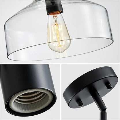 WUZUPS Chandelier Rustic Farmhouse Industrial Round Ceiling Pendant LED Light Fixture with Clear Glass Shades for Dining Room Kitchen Island Foyer Entryway, H 9.4" x W 10.6", E26 Base, Black