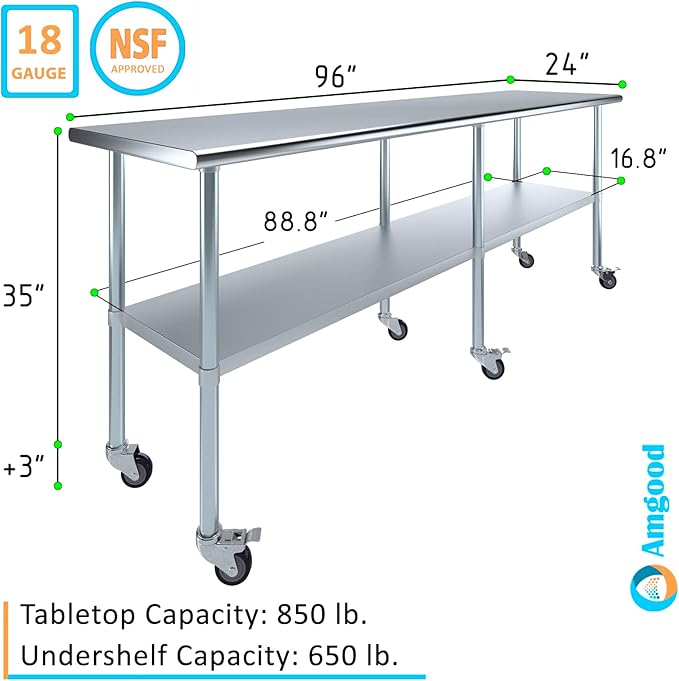 Stainless Steel Work Table with Wheels | NSF Kitchen Island Food Prep | Laundry Garage Utility Bench (Table + Wheels, 96" Long x 24" Deep)