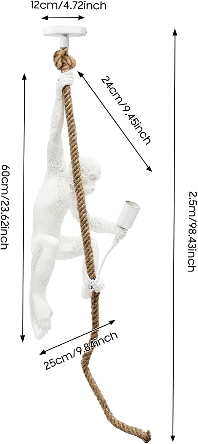 Vintage Monkey Pendant Light Retro Resin Hemp Rope Monkey Lamp 13.7 x 78.7 Inch Hanging Light Fixture E26 Chandelier Ceiling Pendant Lamp for Dining Living Room Bar Cafe (White - Pendant Light)