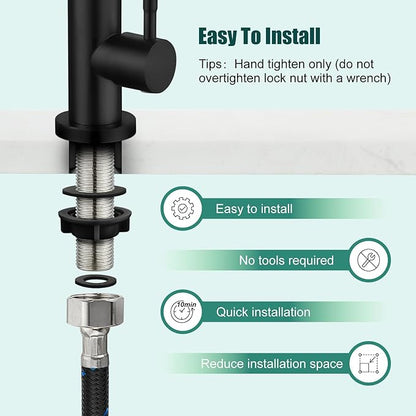 Heyalan Matte Black Cold Water Only Kitchen Faucet SUS304 Sink Faucets High Arc Gooseneck 360 Degree Rotation Spout Basin Tap with Longer Thread Pipe