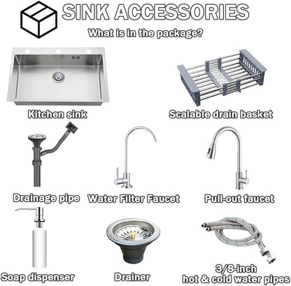 28.3 * 17.7in Drop In Kitchen Sink,Silver Gray Stainless Steel Single Bowl Sink,Topmount Workstation Sink With Pull Out Faucet,Soap Dispenser And Drain Basket