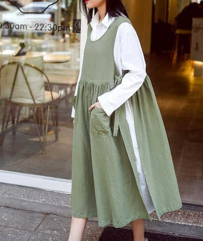Women Plus Size Cotton Linen Vintage Pleated Split Apron Pinafore Dress with Two Pockets