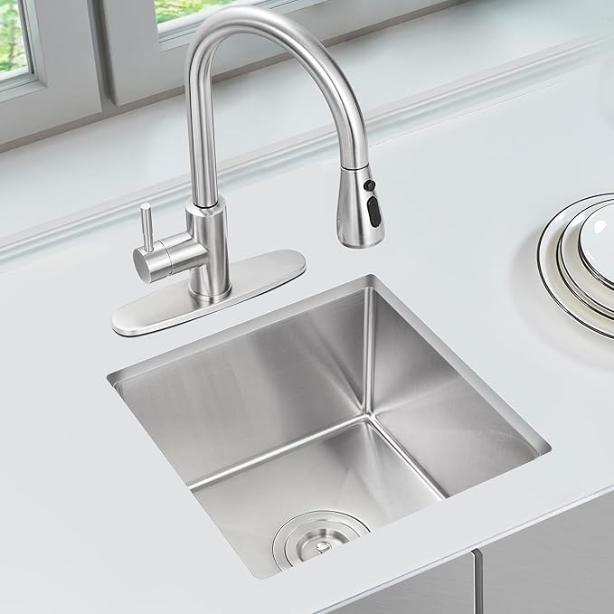 MENATT 15 x 15 Inch Undermount Bar Sink, Single Bowl Handmade Stainless Steel Small Kitchen Bar Sink, 15" x 15" x 8"
