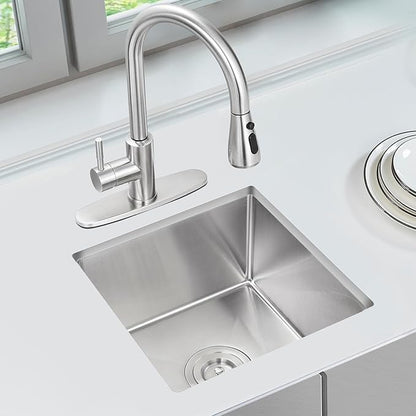 MENATT 15 x 15 Inch Undermount Bar Sink, Single Bowl Handmade Stainless Steel Small Kitchen Bar Sink, 15" x 15" x 8"