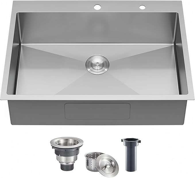KINGO HOME 33 x 22 Inch Drop in Stainless Steel Kitchen Sink, Single Bowl 16 Gauge Top mount Sink Commercial Handmade 9 Inch Deep Kitchen Sinks Workstation Single Basin Brushed Satin Nickel