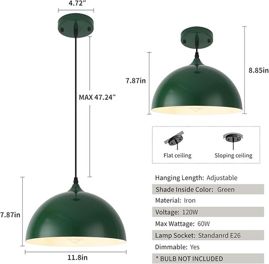 Farmhouse Pendant Light, 11.8inch, 2 Packs- Green Industrial Kitchen Pendant Lights, Pendant Lights Kitchen Island, Pendant Light for Bedroom, Office, Kichen Sink, Library