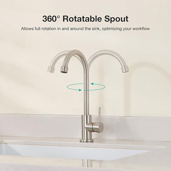 CREA Cold Water Only Brushed Faucet for Kitchen Bar Outdoor Sink 1 Hole 3Holes(with Deck Plate)，High Arc 360°Swivle Single Handle Cold Water Tap Brushed 304 Stainless Steel