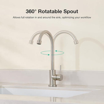 CREA Cold Water Only Brushed Faucet for Kitchen Bar Outdoor Sink 1 Hole 3Holes(with Deck Plate)，High Arc 360°Swivle Single Handle Cold Water Tap Brushed 304 Stainless Steel