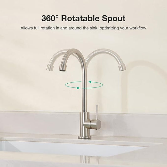 CREA Cold Water Only Brushed Faucet for Kitchen Bar Outdoor Sink 1 Hole 3Holes(with Deck Plate)，High Arc 360°Swivle Single Handle Cold Water Tap Brushed 304 Stainless Steel