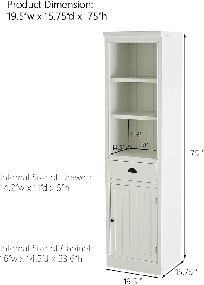 Merax 75" Tall Storage Cabinet 19.5" Narrow Cabinet with 1 Drawer & 1 Door & 2 Open Shelves, Retro White MDF Display Cabinet for Living Room Kitchen Bathroom Home Office
