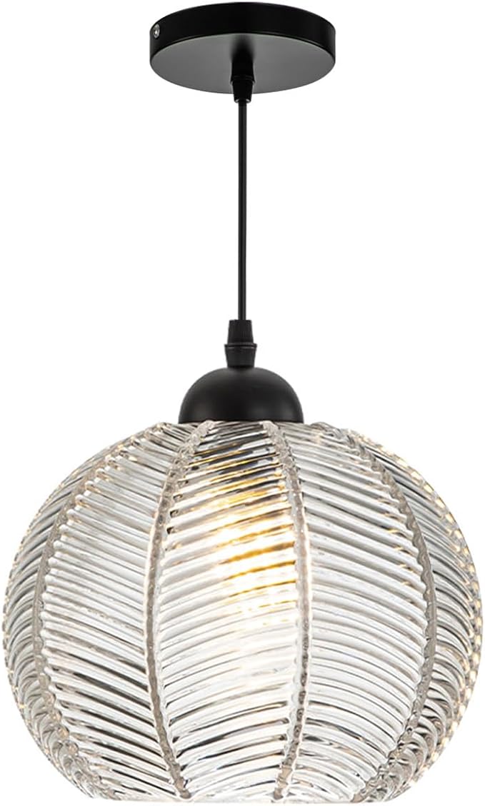 Glass Globe Pendant Lights, Clear Ribbed Glass Shade Mid Century Modern Pendant Light fixtures Pumpkin Design Black Adjustable Cord Ceiling Pendant Light Kitchen Island Dining Bedroom